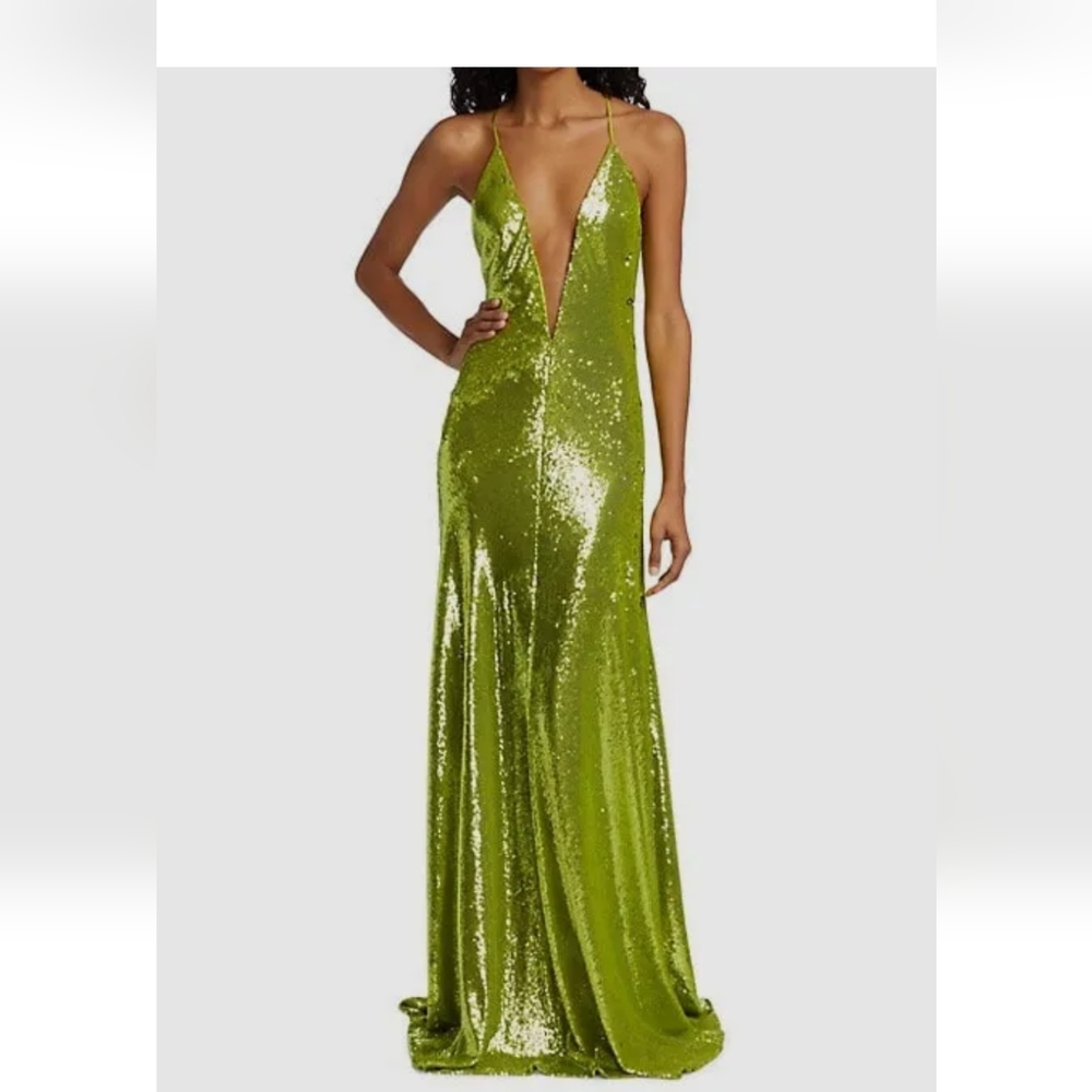 HALSTON Kiara Sequined V-Neck Gown size 4 Neon Green 💚